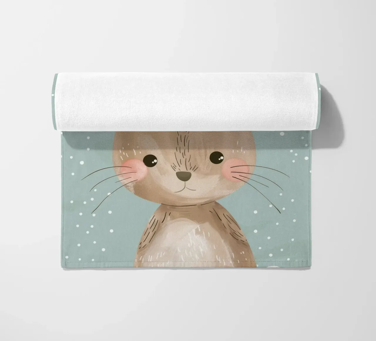 Cute rabbit character with soft features, light blue art beach towel by DesignDoodle