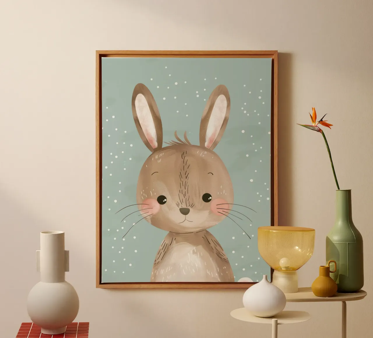Cute rabbit character with soft features, light blue art canvas by DesignDoodle