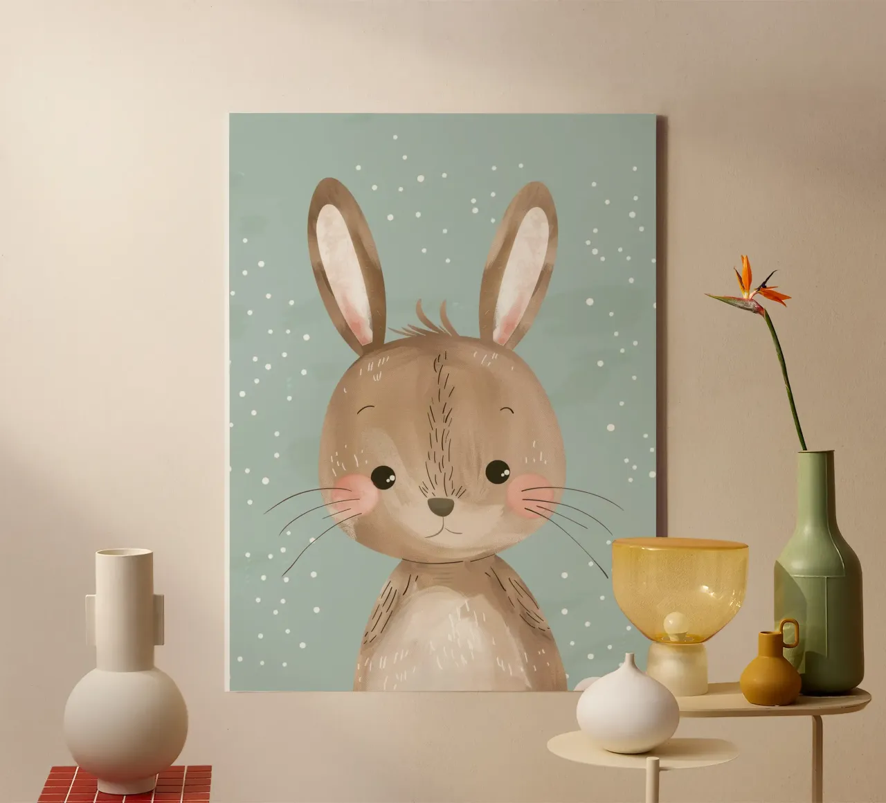 Cute rabbit character with soft features, light blue art canvas by DesignDoodle