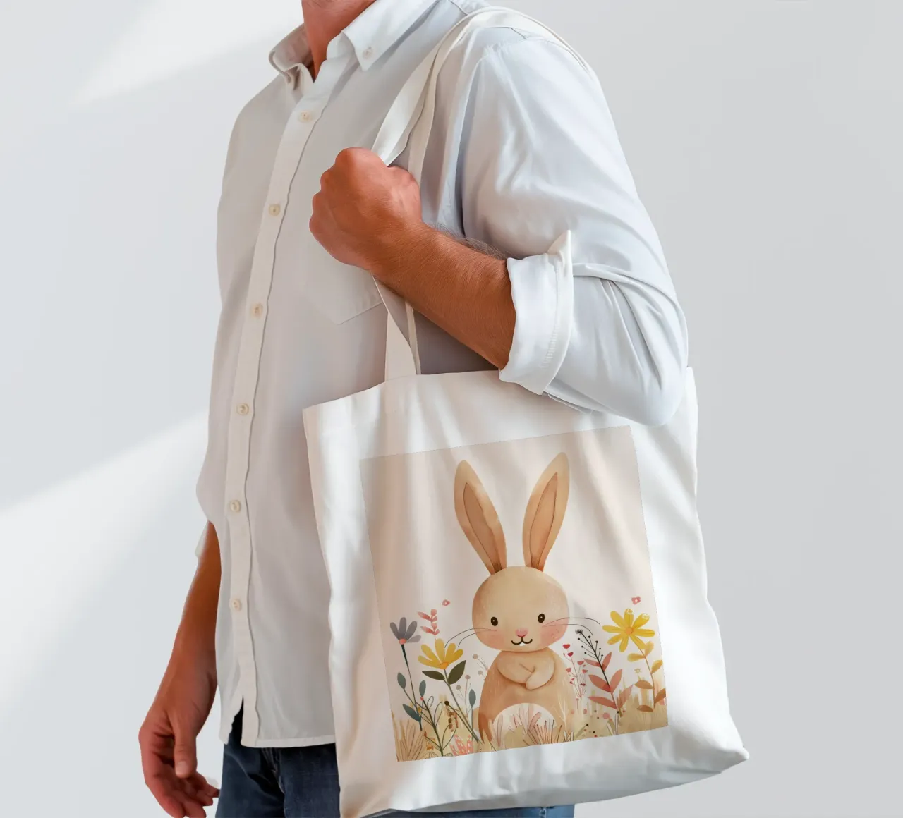 Whimsical rabbit in a garden surrounded by flowers tote bag by DesignDoodle