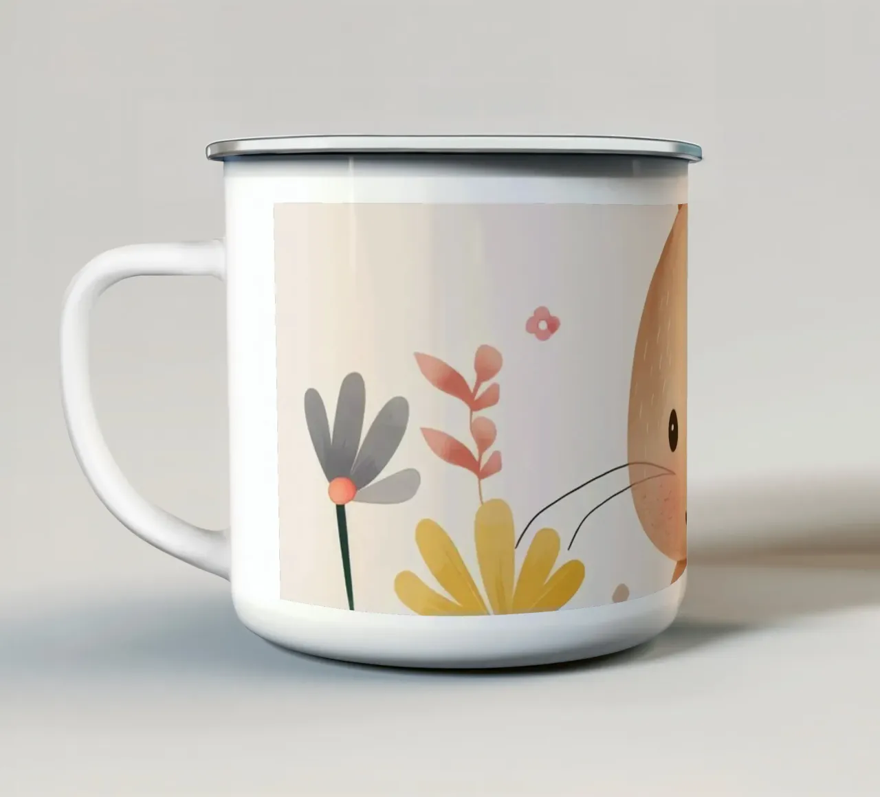 Coniglio stravagante in un giardino circondato da fiori tazza in smalto da DesignDoodle