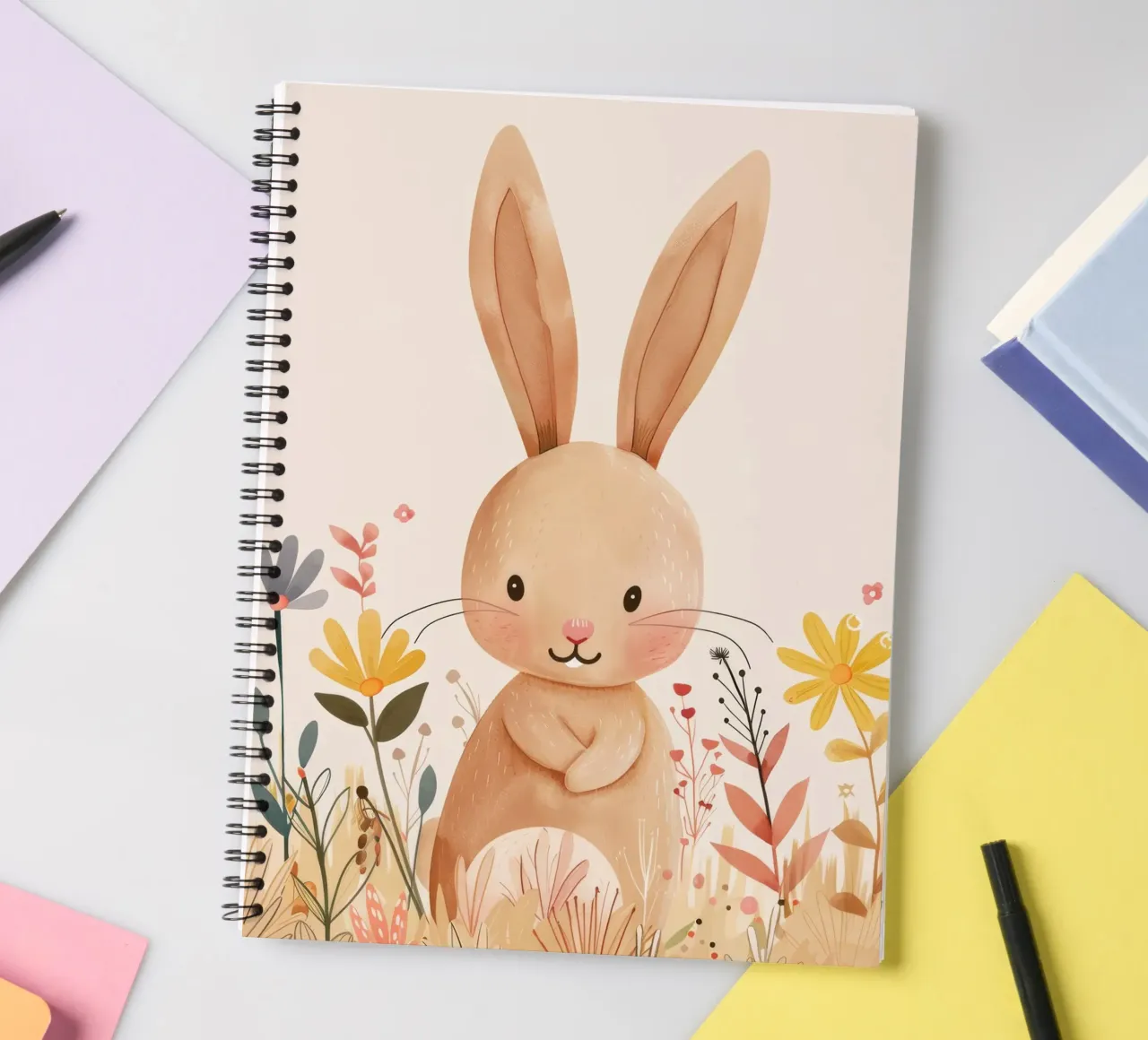 Whimsical rabbit in a garden surrounded by flowers spiral notebook by DesignDoodle