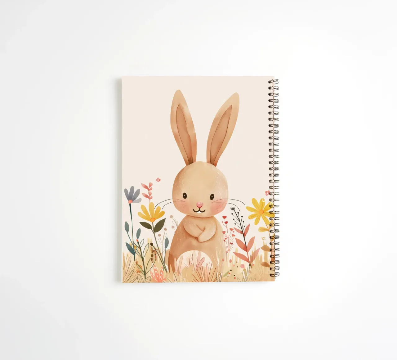 Whimsical rabbit in a garden surrounded by flowers spiral notebook by DesignDoodle