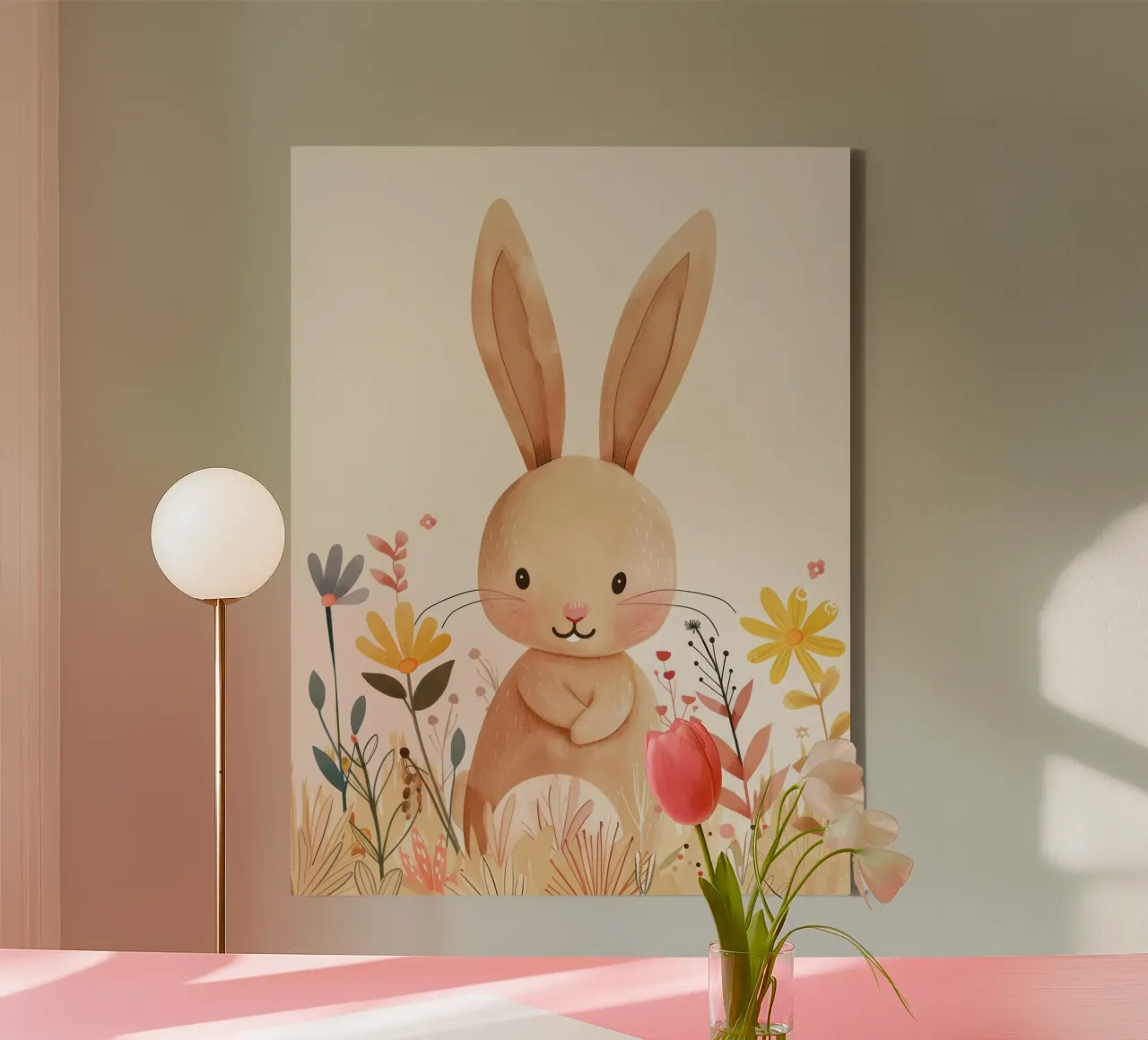 Whimsical rabbit in a garden surrounded by flowers canvas by DesignDoodle