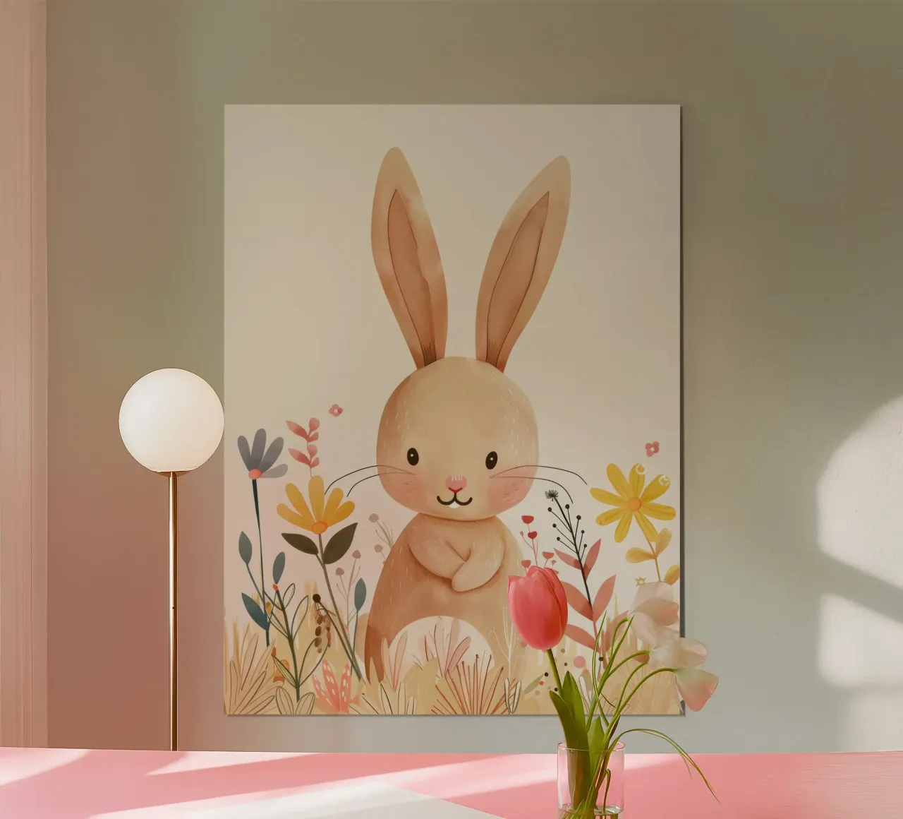 Coniglio stravagante in un giardino circondato da fiori carta hahnemühle da DesignDoodle