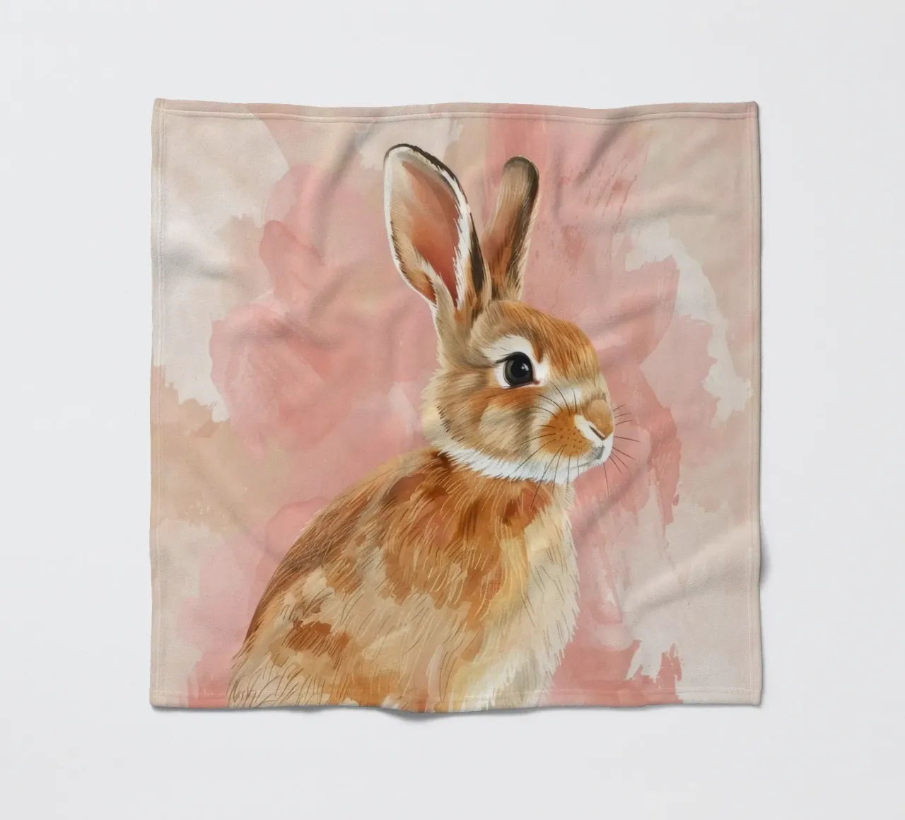 Charming depiction of a rabbit sitting against a soft pastel fleece blanket by DesignDoodle