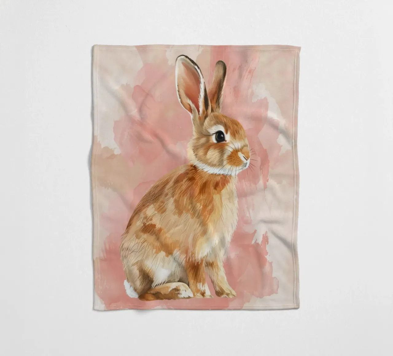 Charming depiction of a rabbit sitting against a soft pastel fleece blanket by DesignDoodle
