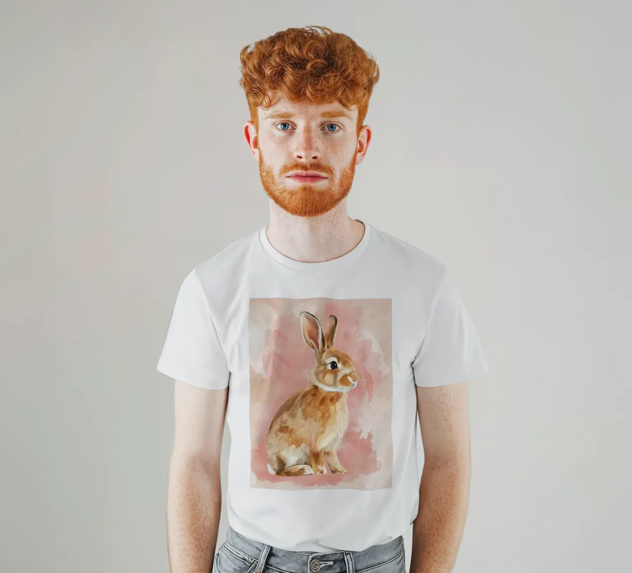 Charming depiction of a rabbit sitting against a soft pastel t-shirt by DesignDoodle