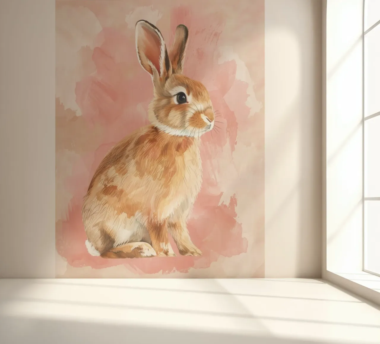 Charming depiction of a rabbit sitting against a soft pastel photo wallpaper by DesignDoodle