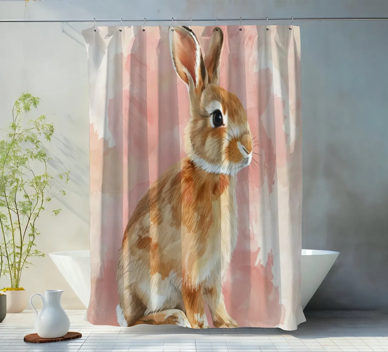 Charming depiction of a rabbit sitting against a soft pastel shower curtain by DesignDoodle
