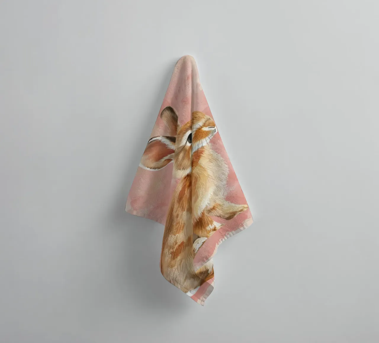 Charming depiction of a rabbit sitting against a soft pastel towel by DesignDoodle