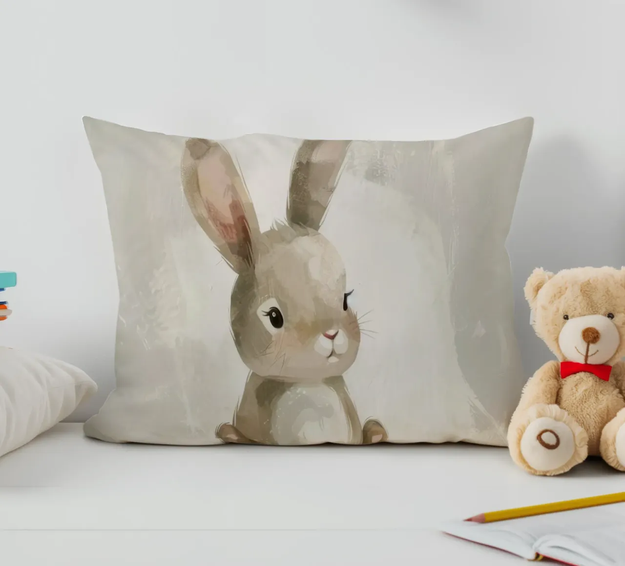 Simpatico coniglietto marrone seduto su uno sfondo morbido cuscino da DesignDoodle