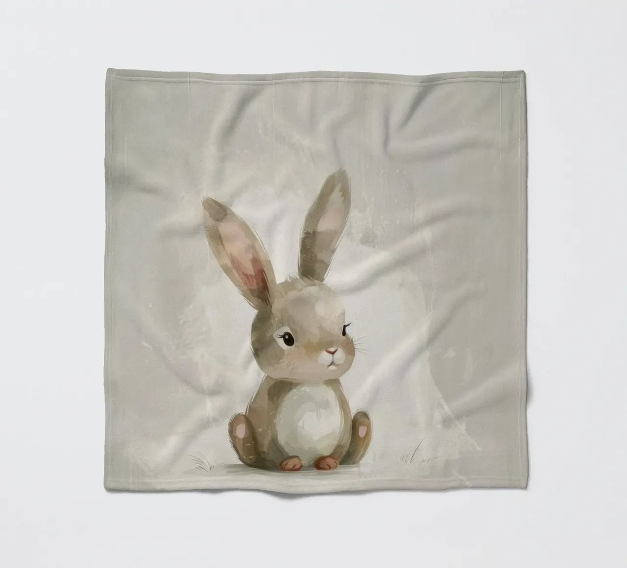 Cute brown bunny sitting on a soft background fleece blanket by DesignDoodle