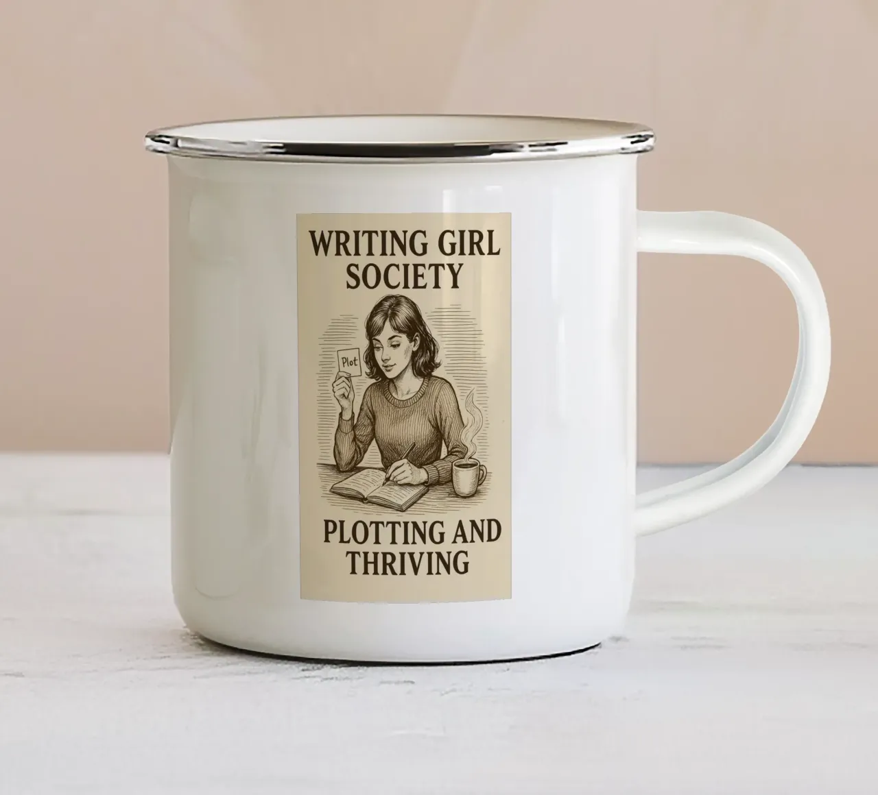 Schrijver meisjes plotwending in Victoriaanse etsstijl emaille mok van Taika Tori Art
