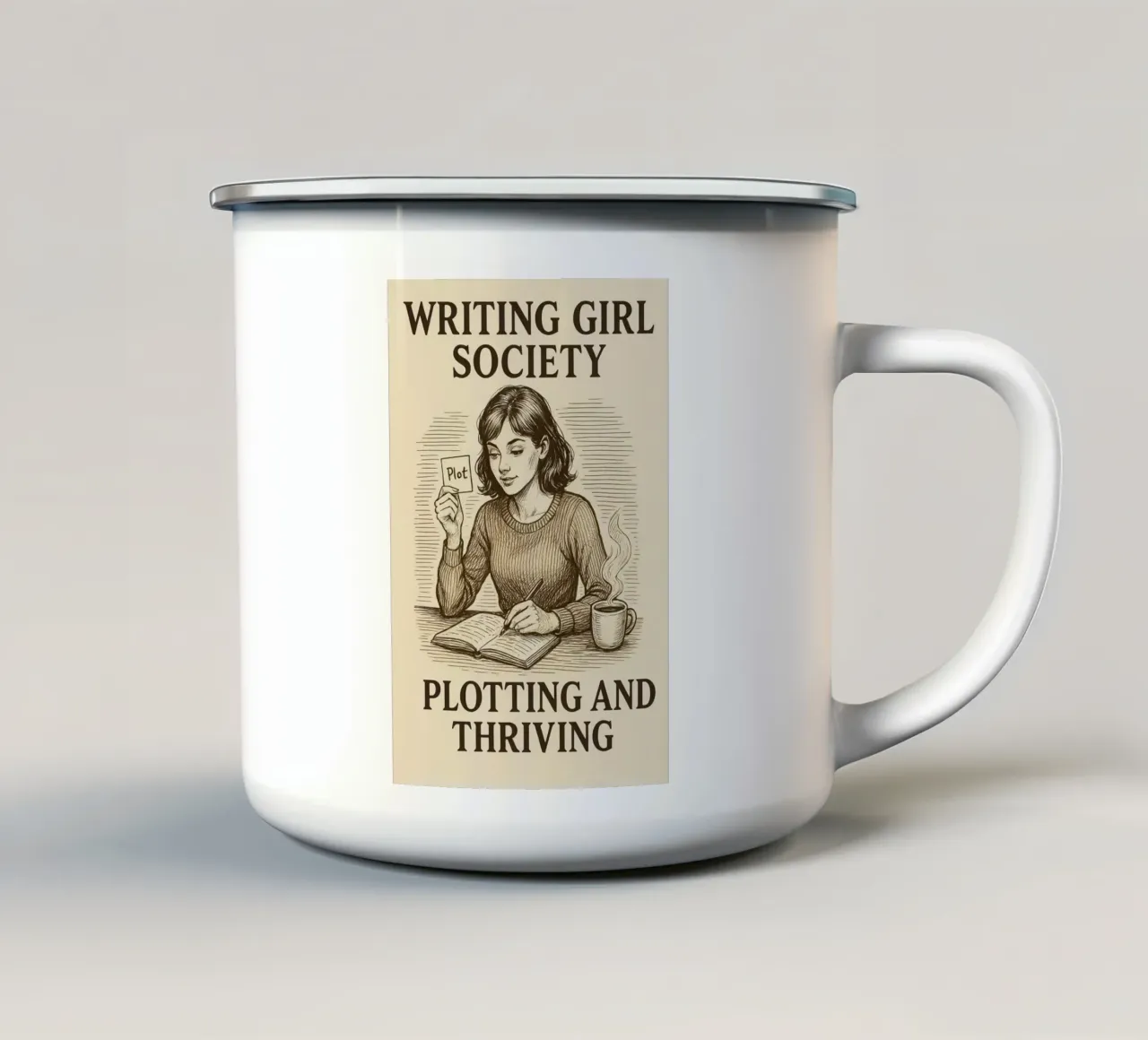 Schrijver meisjes plotwending in Victoriaanse etsstijl emaille mok van Taika Tori Art