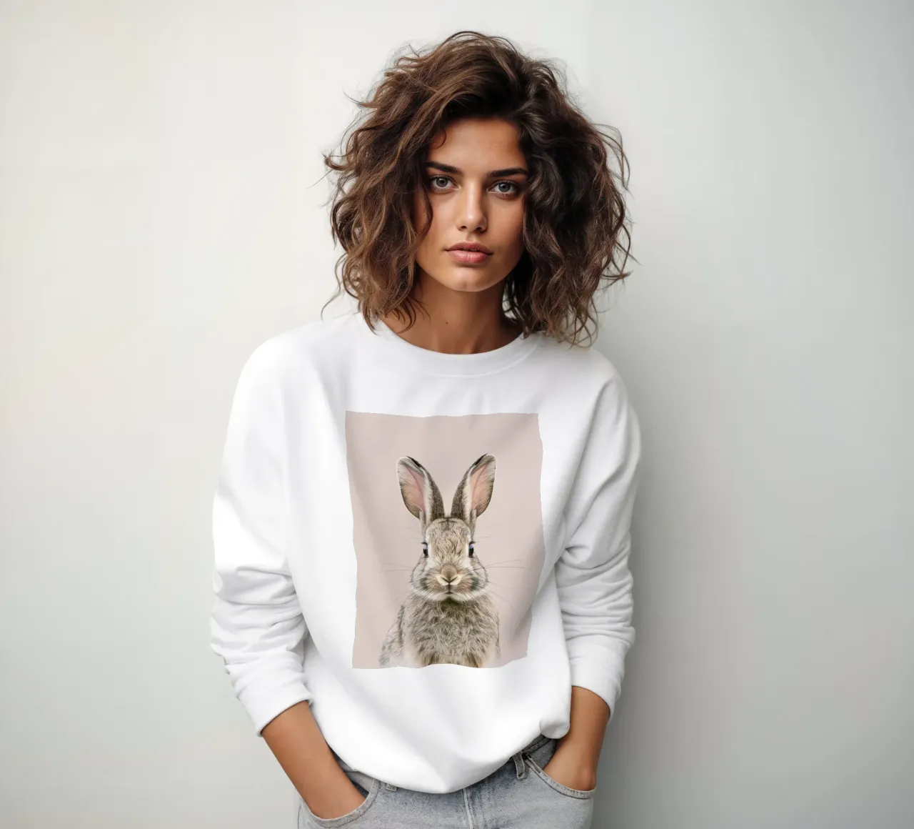 Coniglio di peluche con occhi espressivi su un'opera d'arte neutra felpa da DesignDoodle
