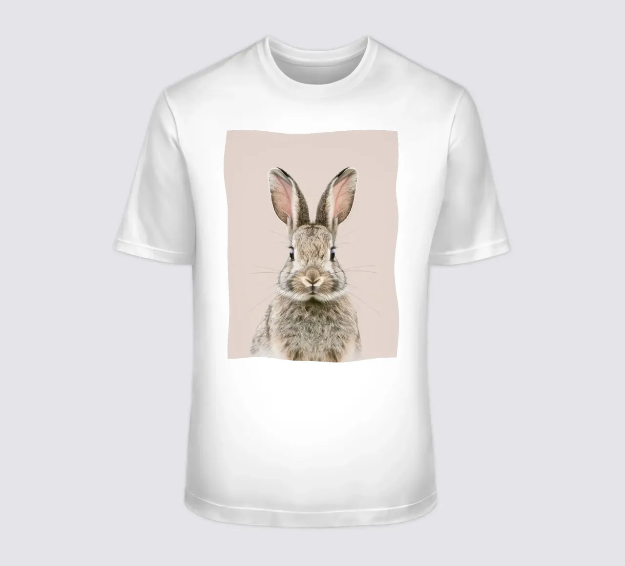 Fluffy rabbit with expressive eyes against a neutral art t-shirt by DesignDoodle