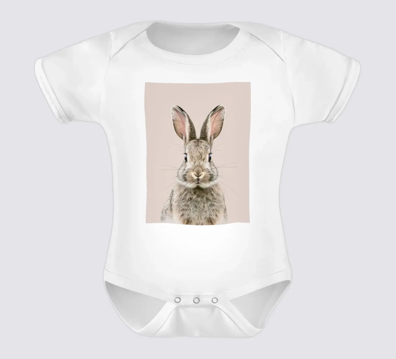 Fluffy rabbit with expressive eyes against a neutral art short-sleeve baby romper by DesignDoodle
