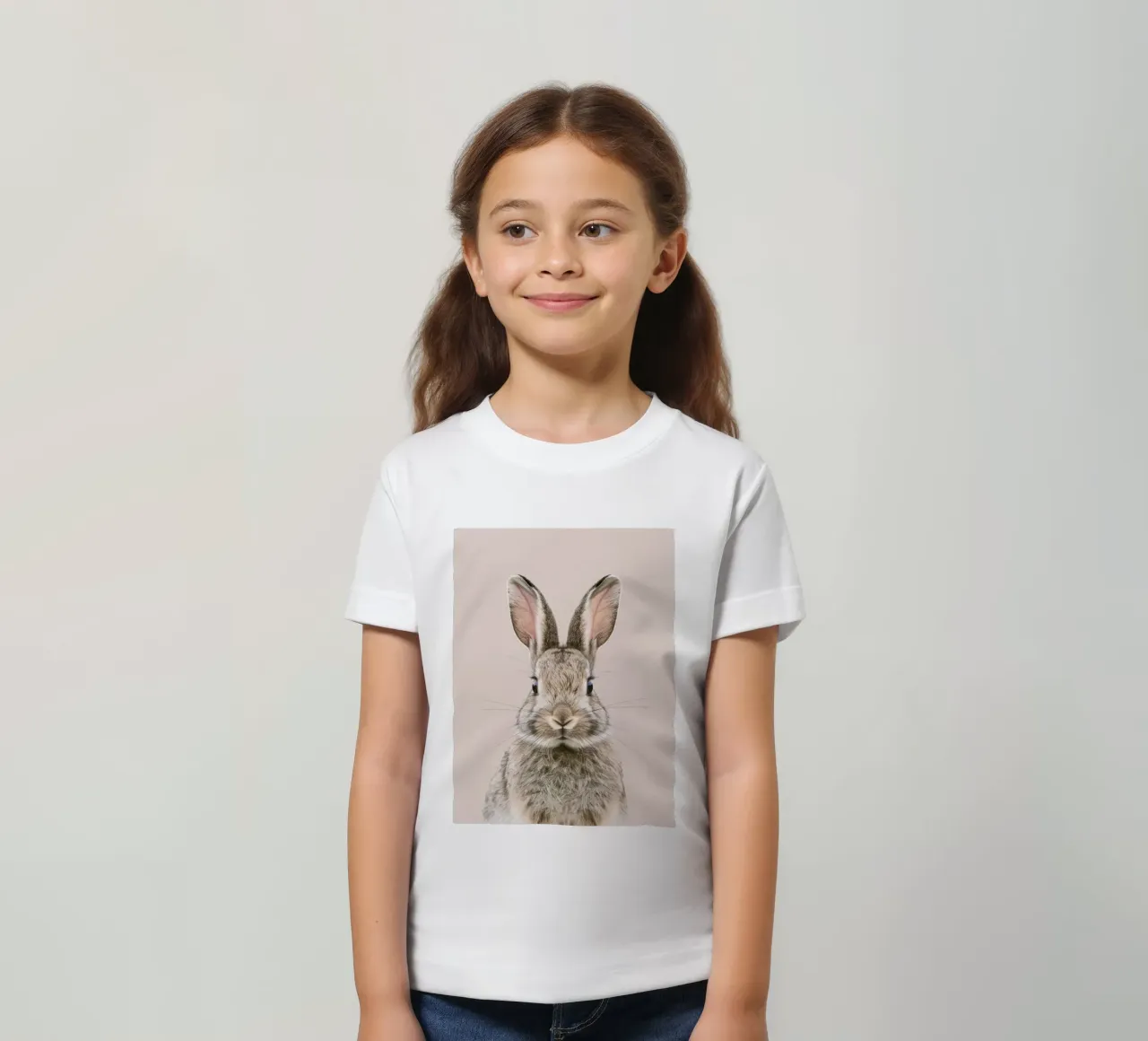 Fluffy rabbit with expressive eyes against a neutral art kids t-shirt by DesignDoodle