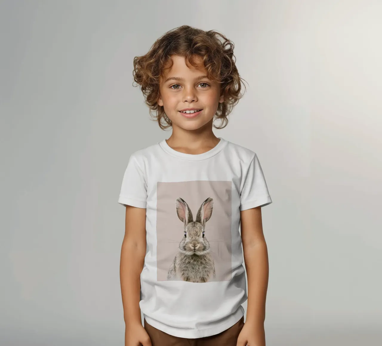 Fluffy rabbit with expressive eyes against a neutral art kids t-shirt by DesignDoodle