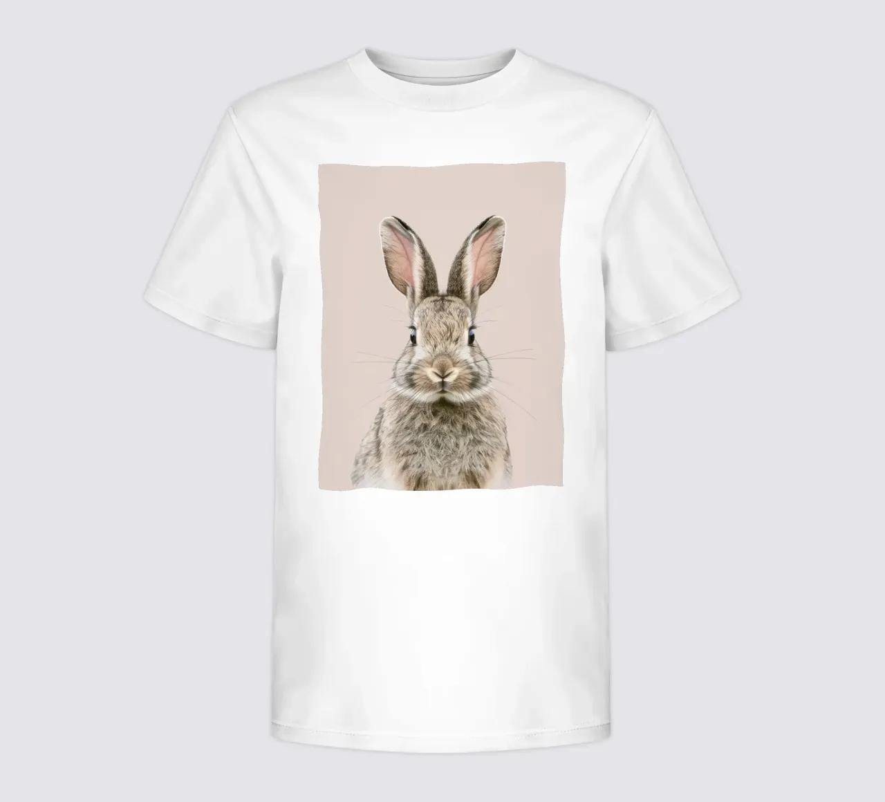 Fluffy rabbit with expressive eyes against a neutral art kids t-shirt by DesignDoodle