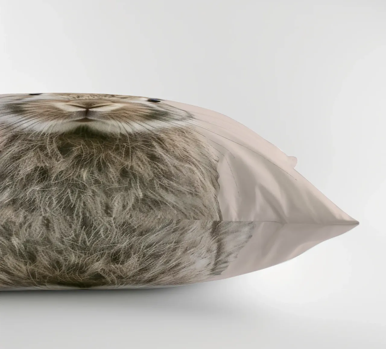 Fluffy rabbit with expressive eyes against a neutral art decorative cushion by DesignDoodle