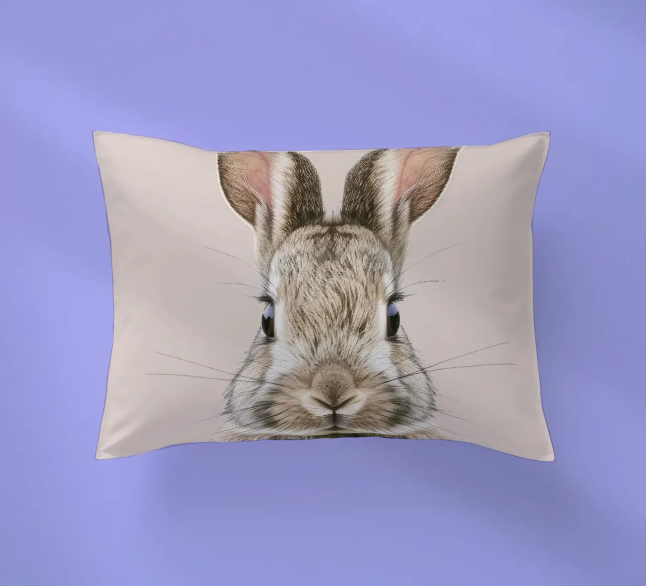 Fluffy rabbit with expressive eyes against a neutral art decorative cushion by DesignDoodle