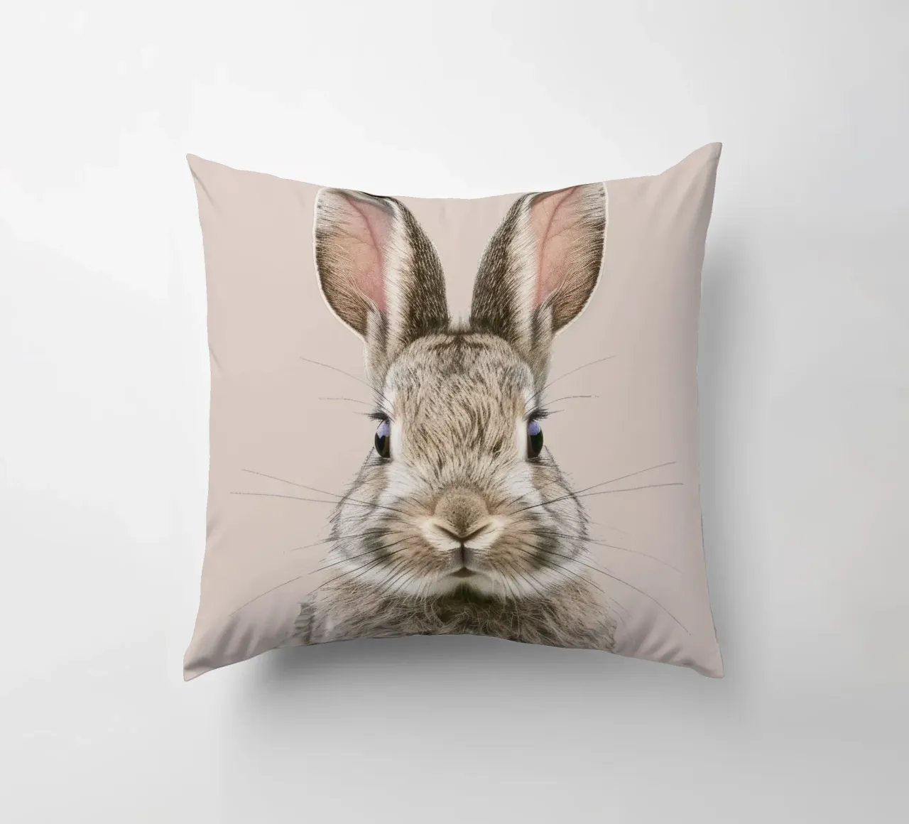 Fluffy rabbit with expressive eyes against a neutral art decorative cushion by DesignDoodle