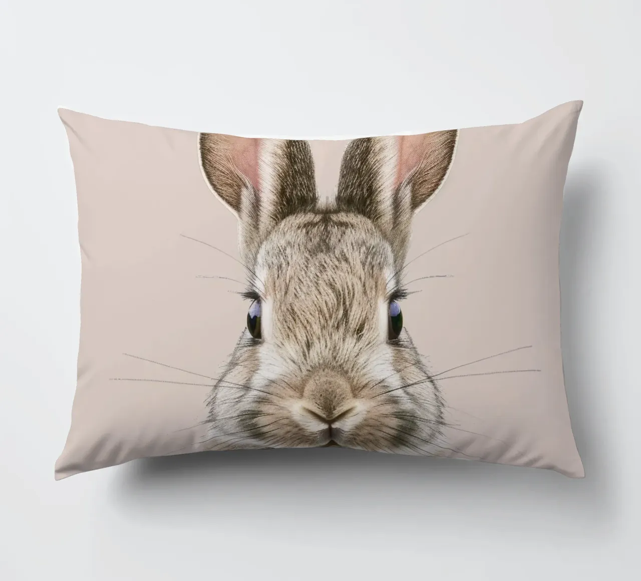 Fluffy rabbit with expressive eyes against a neutral art decorative cushion by DesignDoodle