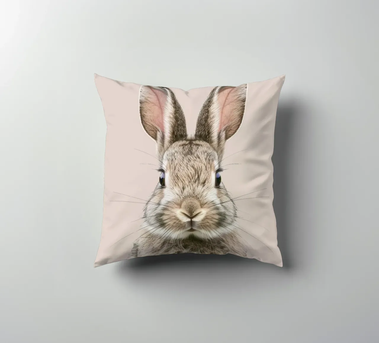 Fluffy rabbit with expressive eyes against a neutral art decorative cushion by DesignDoodle