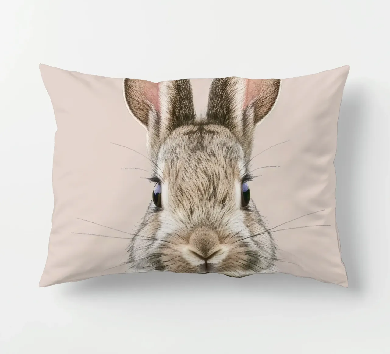 Fluffy rabbit with expressive eyes against a neutral art decorative cushion by DesignDoodle