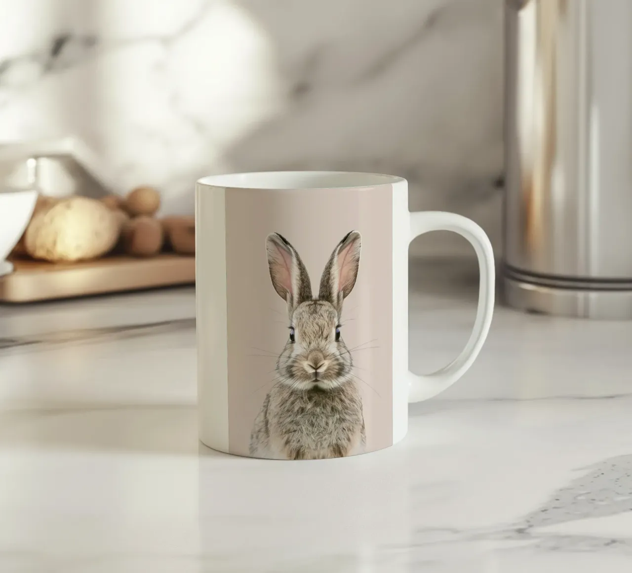 Coniglio di peluche con occhi espressivi su un'opera d'arte neutra tazza in ceramica da DesignDoodle