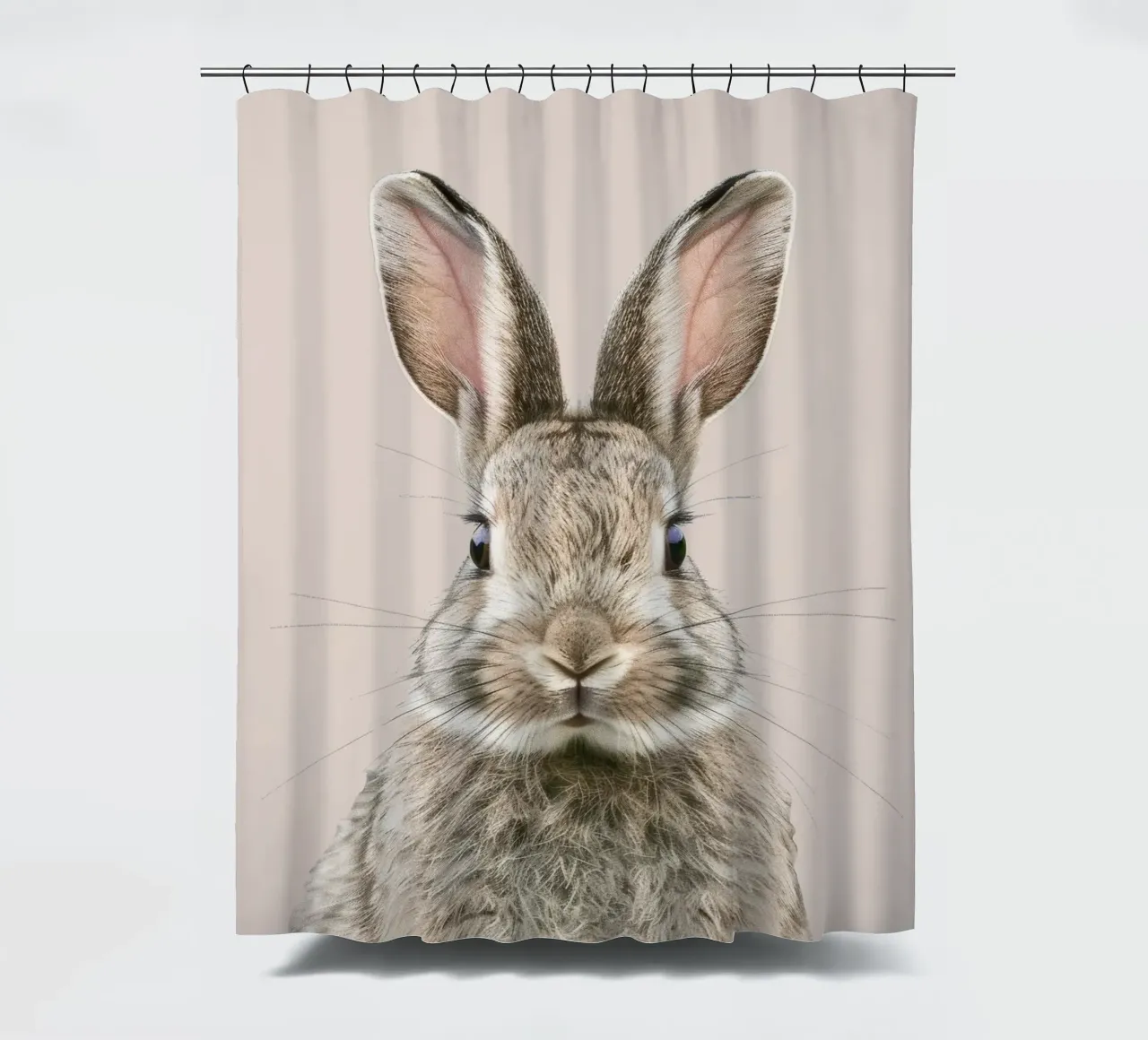 Fluffy rabbit with expressive eyes against a neutral art shower curtain by DesignDoodle