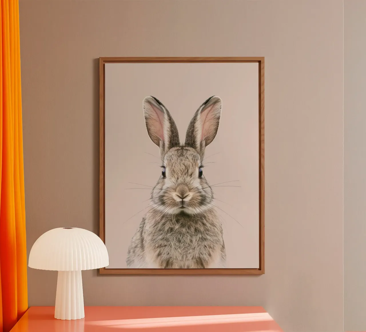 Fluffy rabbit with expressive eyes against a neutral art alu-dibond by DesignDoodle