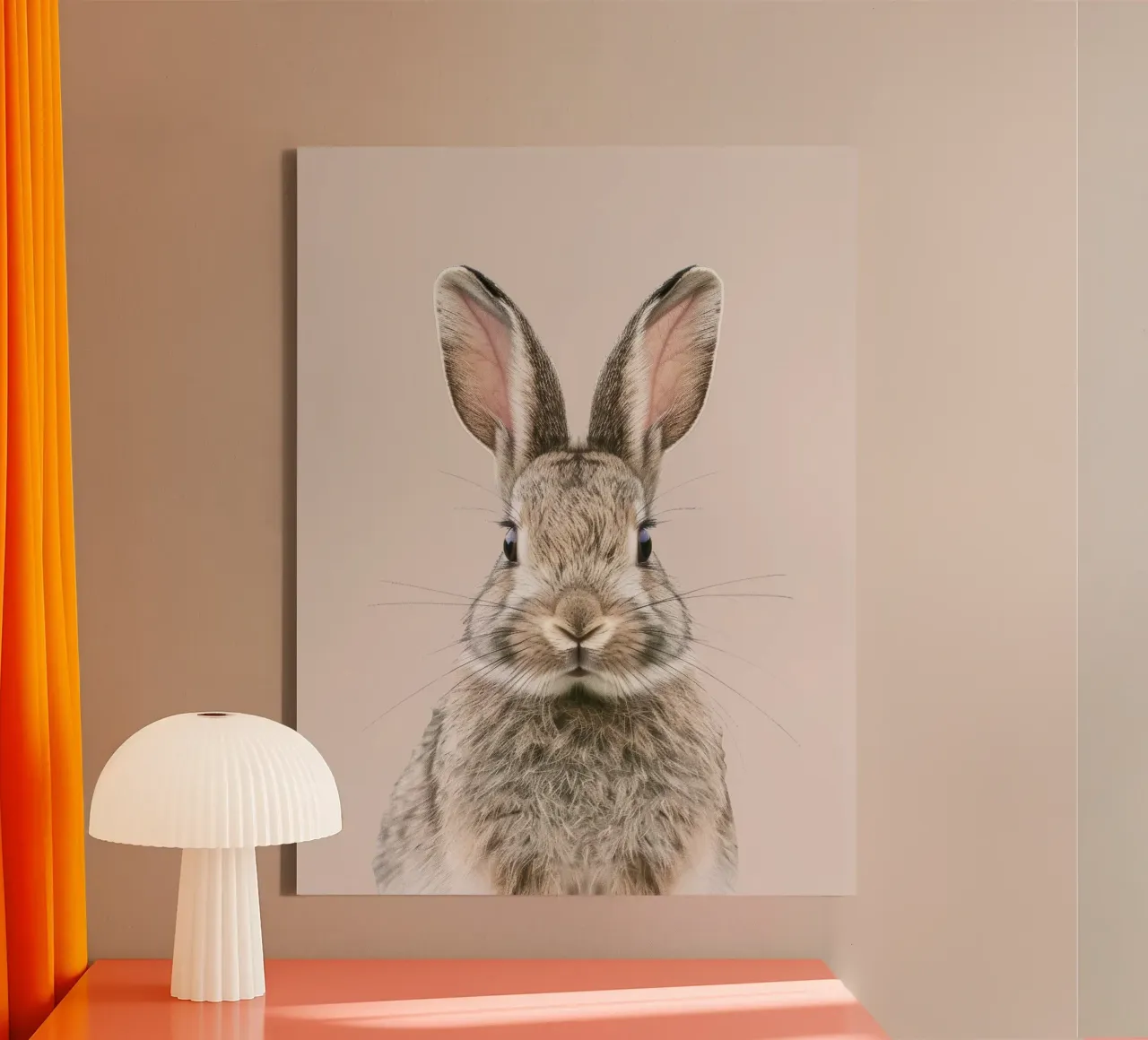 Fluffy rabbit with expressive eyes against a neutral art canvas by DesignDoodle
