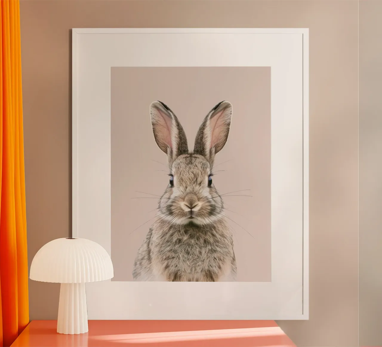 Fluffy rabbit with expressive eyes against a neutral art hahnemühle by DesignDoodle