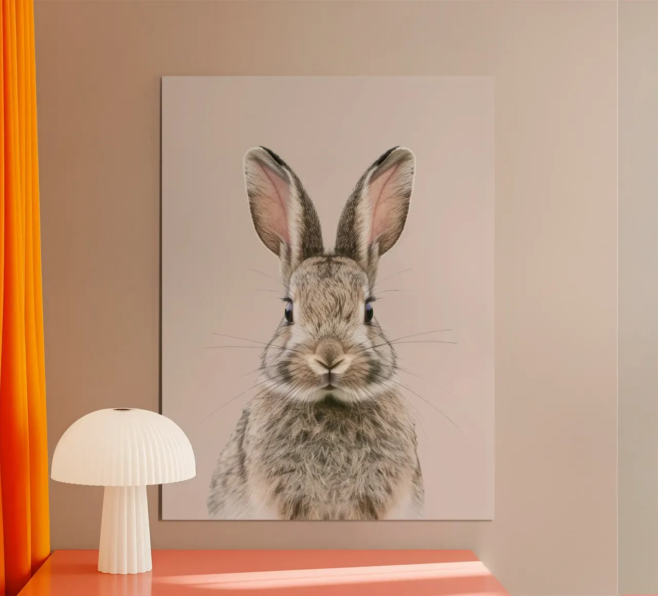 Fluffy rabbit with expressive eyes against a neutral art hahnemühle by DesignDoodle