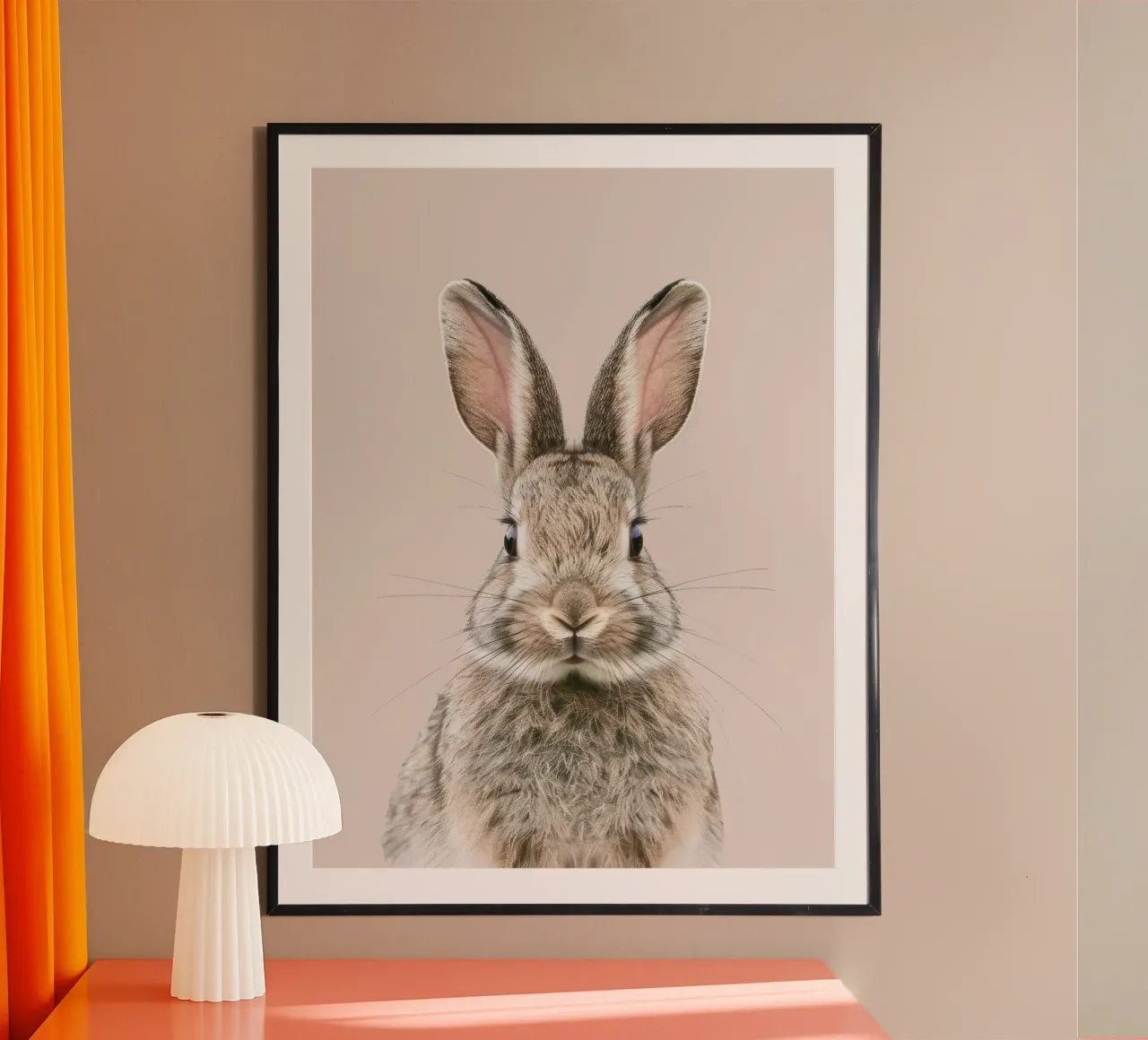 Fluffy rabbit with expressive eyes against a neutral art hahnemühle by DesignDoodle