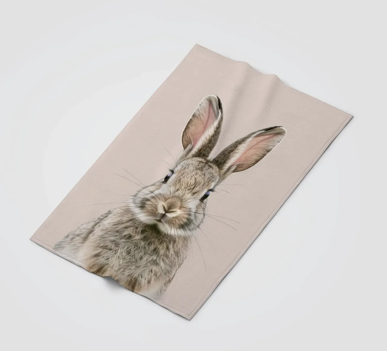 Fluffy rabbit with expressive eyes against a neutral art fleece blanket by DesignDoodle
