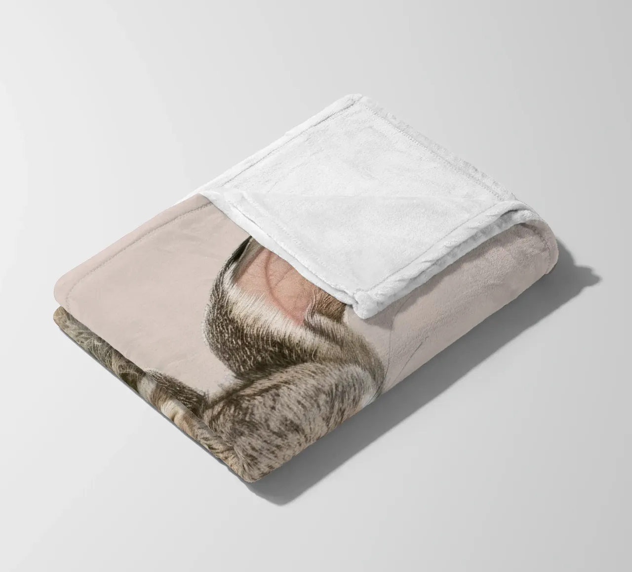 Fluffy rabbit with expressive eyes against a neutral art fleece blanket by DesignDoodle