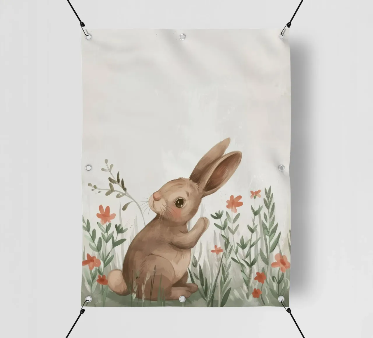 Simpatico coniglio seduto in un campo di fiori, che si gode la primavera telo in pvc da DesignDoodle