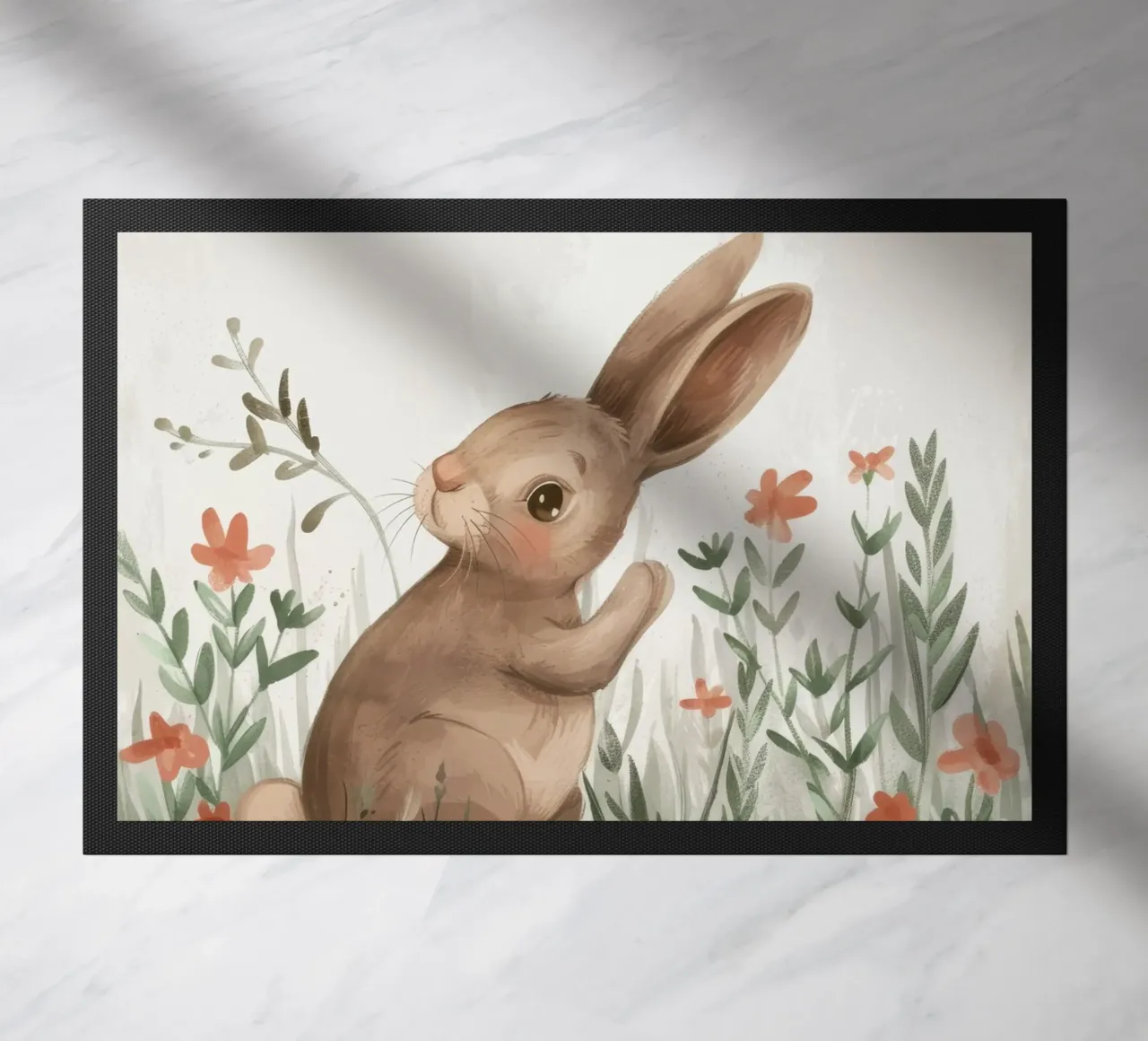 Simpatico coniglio seduto in un campo di fiori, che si gode la primavera zerbino da DesignDoodle