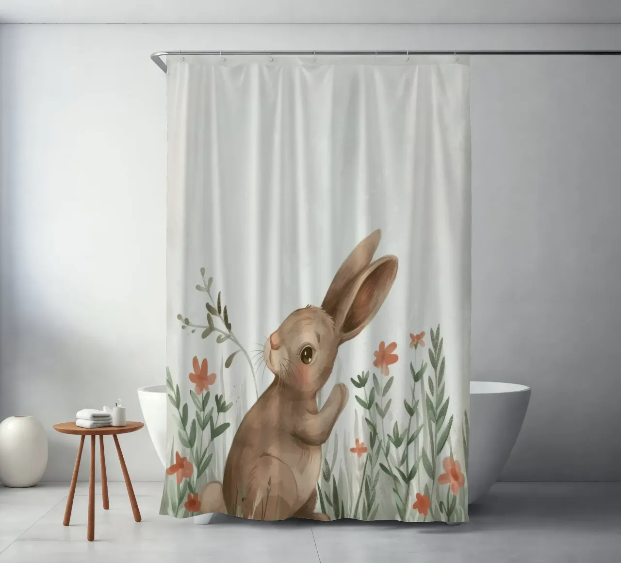 Cute rabbit sitting in field of flowers, enjoying springtime shower curtain by DesignDoodle