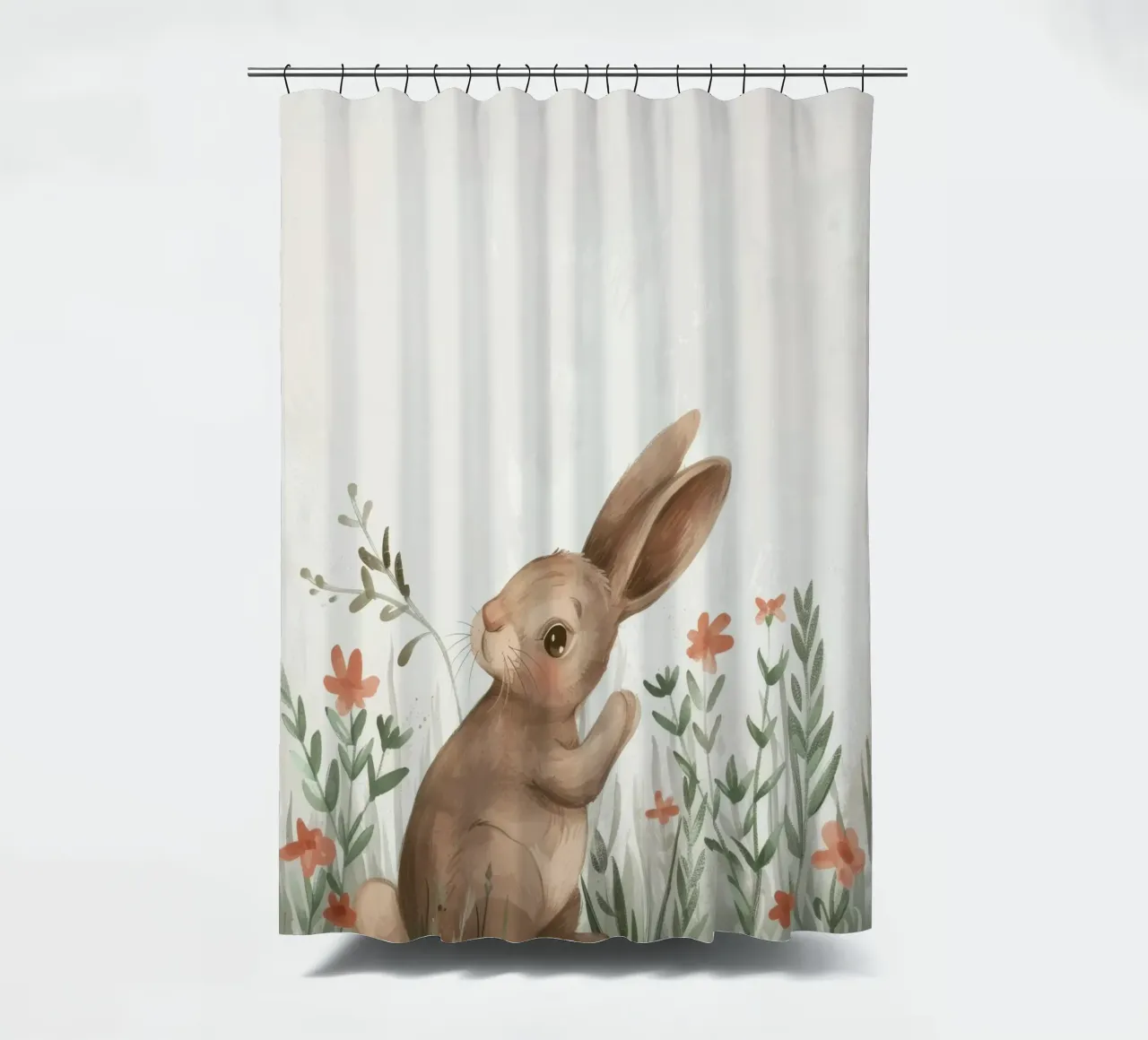 Cute rabbit sitting in field of flowers, enjoying springtime shower curtain by DesignDoodle