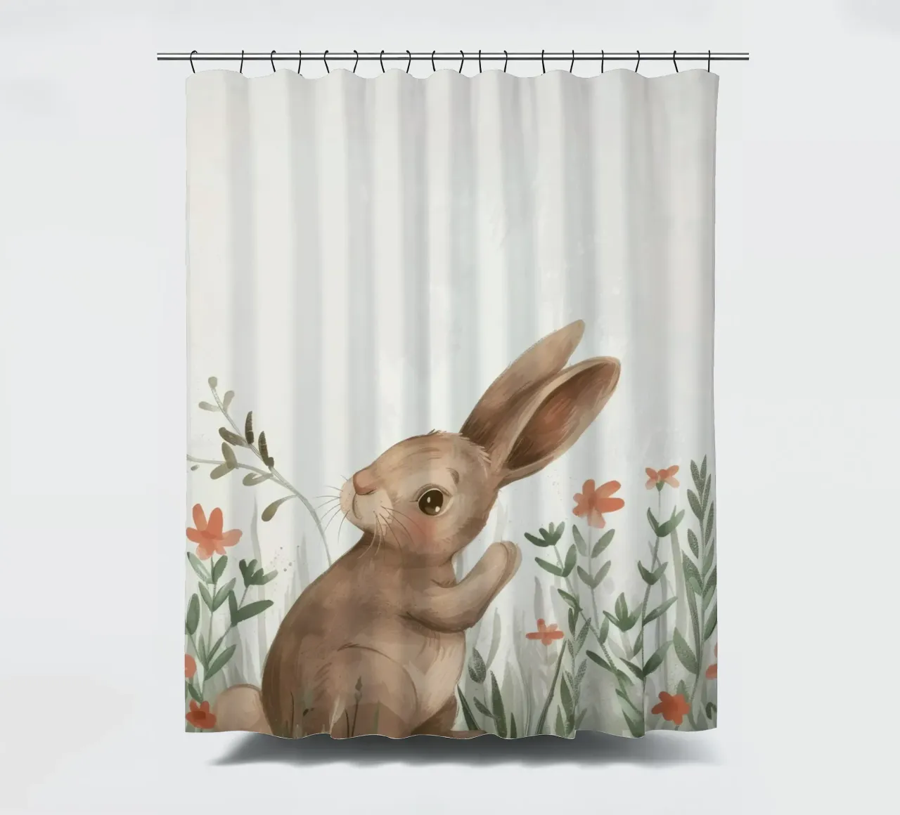 Cute rabbit sitting in field of flowers, enjoying springtime shower curtain by DesignDoodle