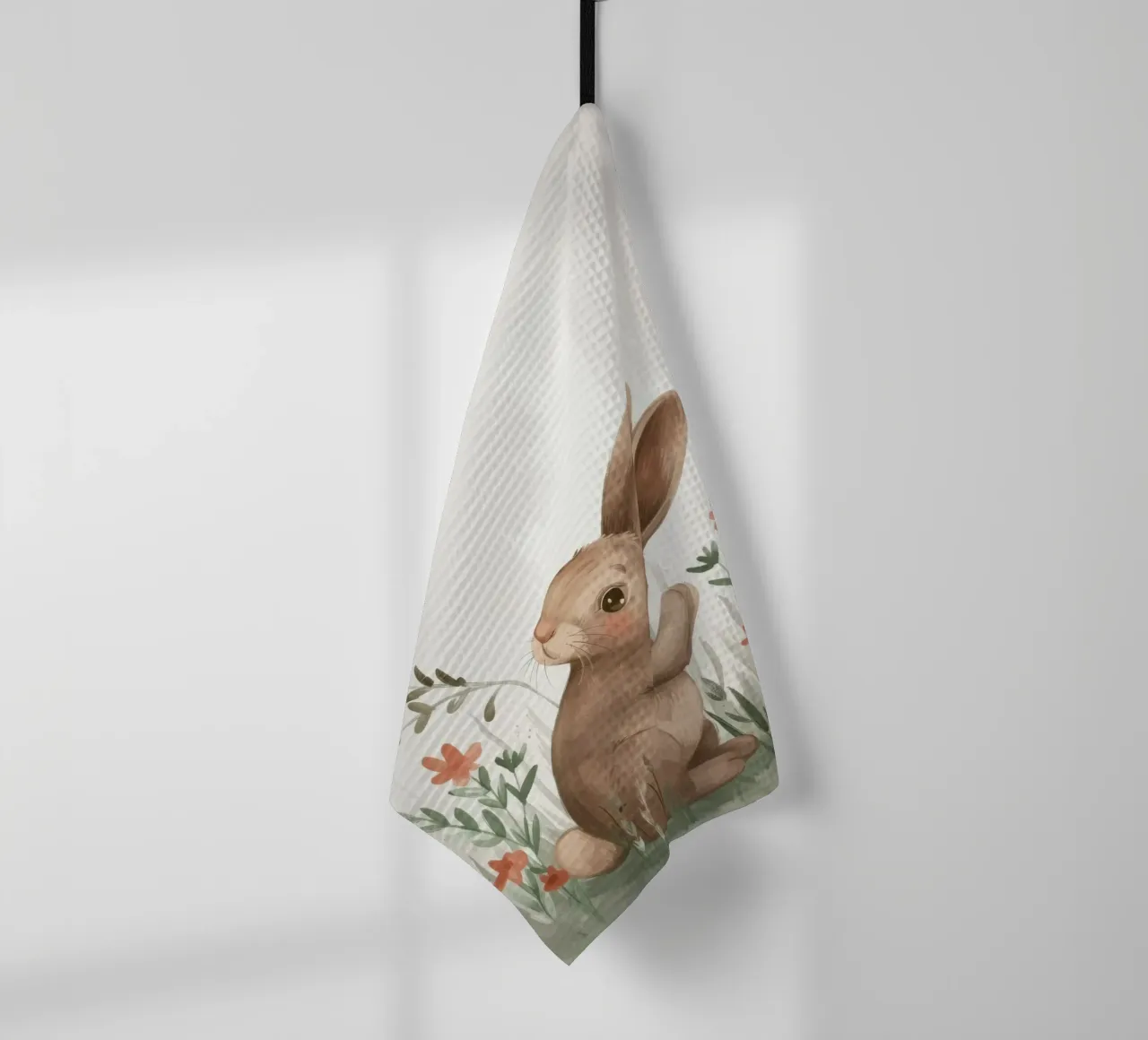 Simpatico coniglio seduto in un campo di fiori, che si gode la primavera canovaccio da cucina da DesignDoodle