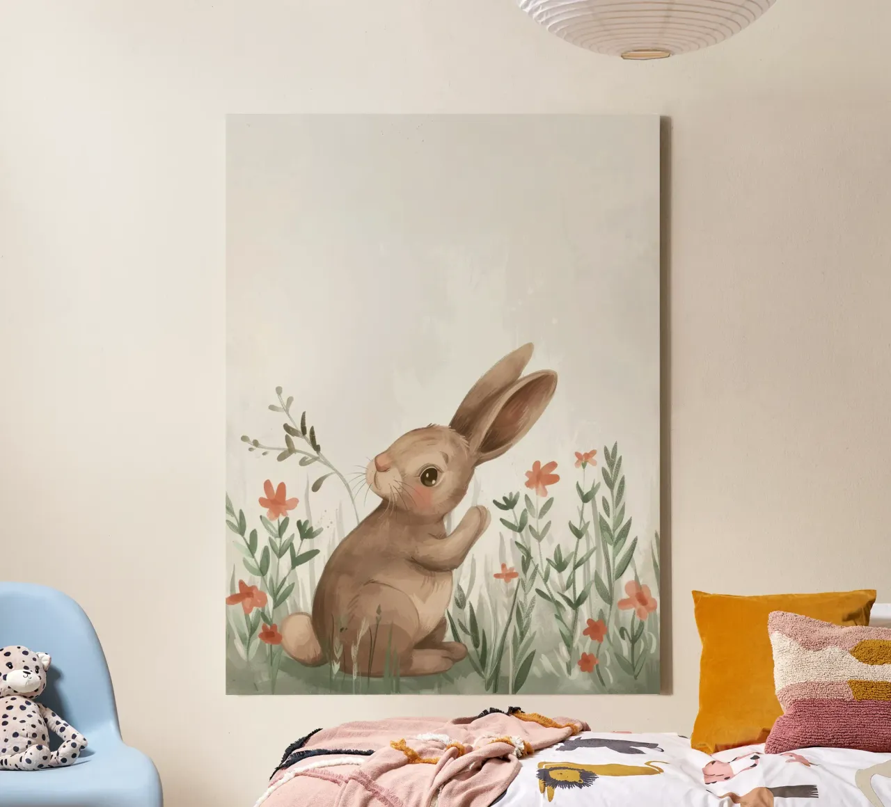Cute rabbit sitting in field of flowers, enjoying springtime canvas by DesignDoodle