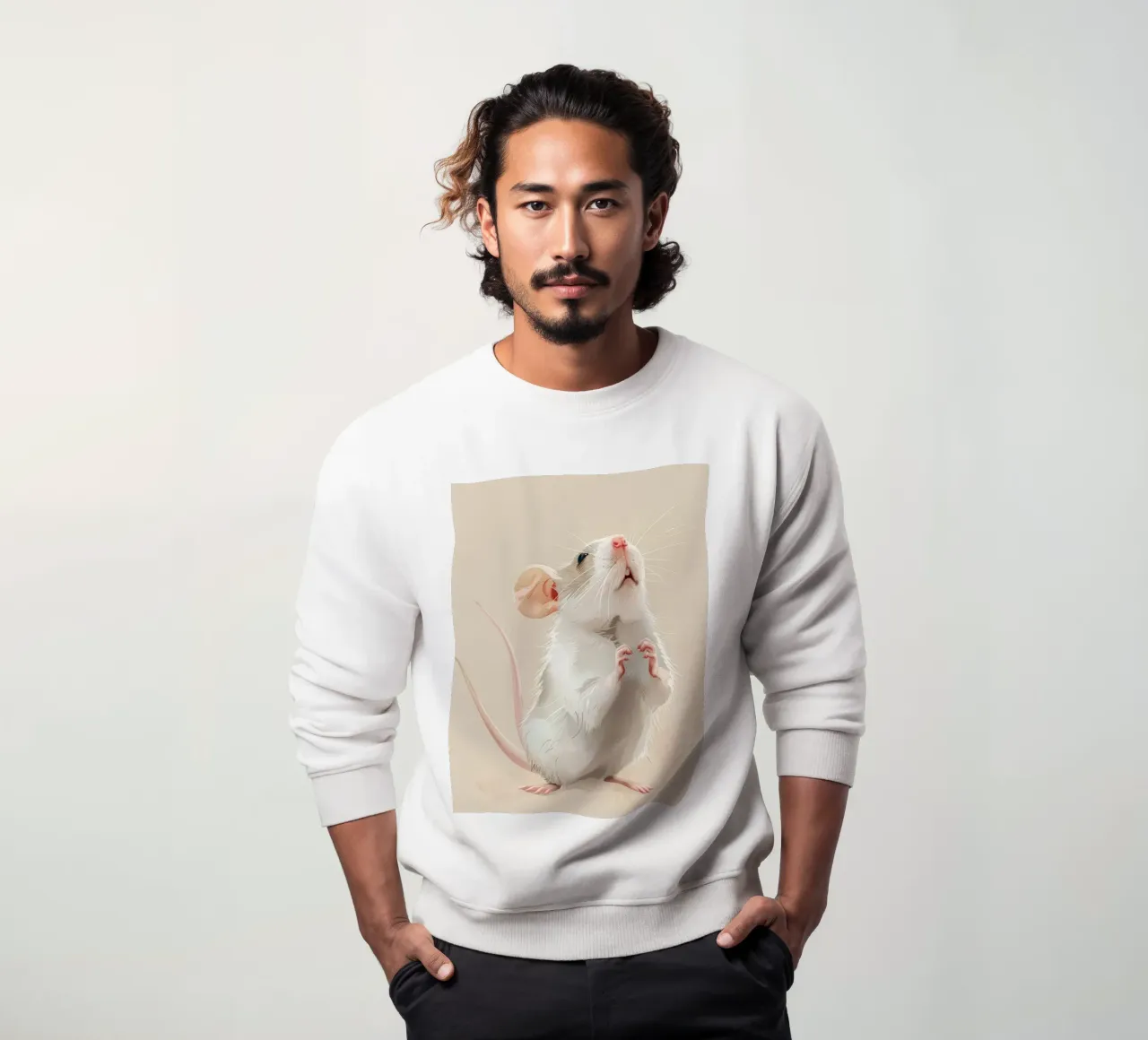 Curious mouse stands upright in a light environment sweatshirt by DesignDoodle