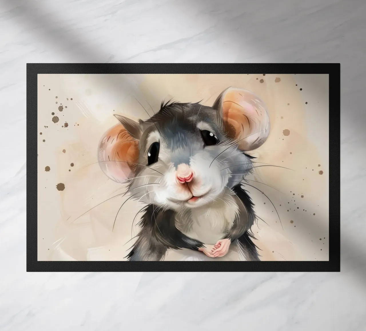 Incantevole topo dei cartoni animati con grandi orecchie, con la mano in mano zerbino da DesignDoodle