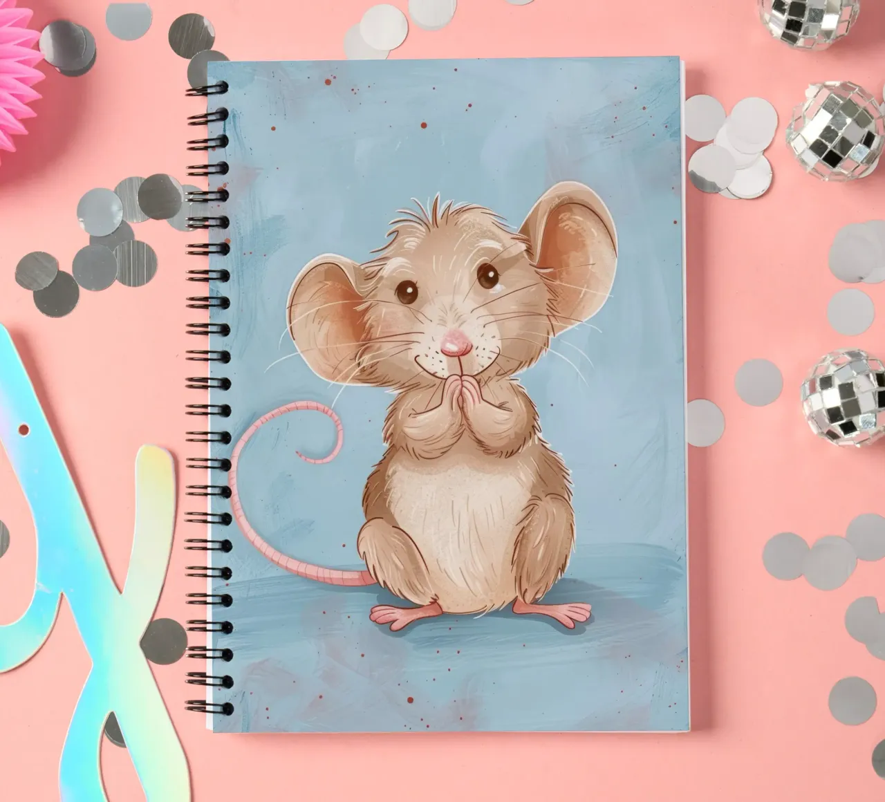Un simpatico topo marrone con grandi orecchie siede con le zampe unite diario ad anelli da DesignDoodle